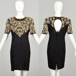 Medium 1980s Black and Gold Beaded Silk Party Dress