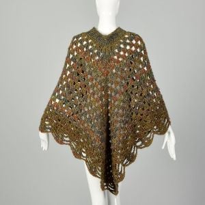 OSFM Crochet Shawl 1990s Scalloped Edge Autumn Colors Super Soft Poncho - Fashionconservatory.com