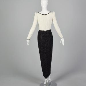 XS Lillie Rubin 1970s Black and White Beaded Gown Scoop Neck Cocktail Dress - Fashionconservatory.com