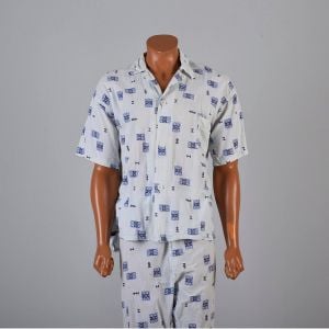 Large 1950s Mens Pajamas Geometric Print Short Sleeve Summer Sleepwear - Fashionconservatory.com