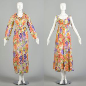 M/L | Matching Bright Multicolor Floral 1970s Nightgown and Robe Set by Linda Lingerie