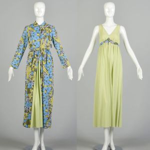 S/M | Pale Green and Blue Floral 1970s Robe and Nightgown Lingerie Set by Warners