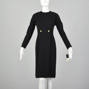 Small 1990s Geoffrey Beene Black Dress Knit Knee Length Long Sleeve Sheath 