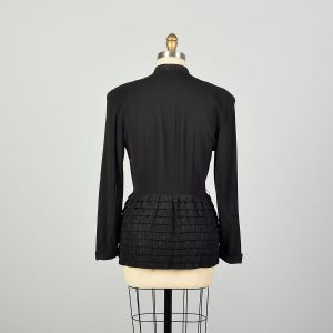 Medium 1940s Black Wasp Waist Rayon Jacket Ruffle Embellished Peplum - Fashionconservatory.com