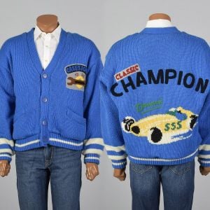 XL 1990s Cardigan Blue Knit Sherpa Lining Novelty Race Car Rib Winter Sweater Jacket 