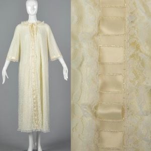 Large Ivory White Peignoir 1970s Long Lace Trim Dressing Gown Bridal Lingerie Honeymoon Robe