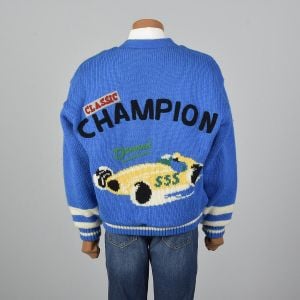 XL 1990s Cardigan Blue Knit Sherpa Lining Novelty Race Car Rib Winter Sweater Jacket  - Fashionconservatory.com