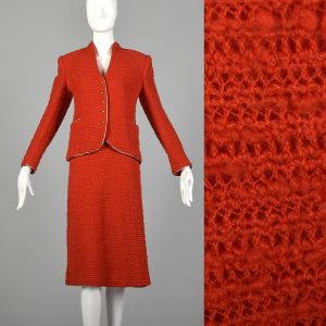 Medium 1970s Beni Salvadori Sara Fredericks Skirt Suit Red Open Knit Gold Trim Jacket Blazer 