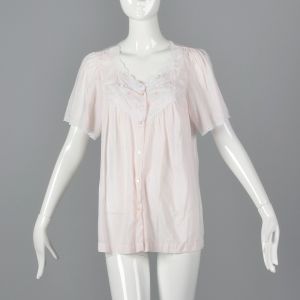 XS 1960s Pajama Top Pink Button Down Short Sleeve Embroidered Roses White Lace Trim