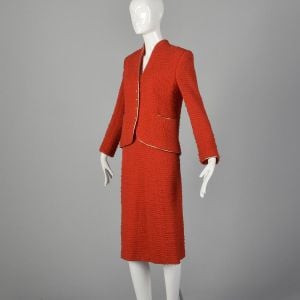 Medium 1970s Beni Salvadori Sara Fredericks Skirt Suit Red Open Knit Gold Trim Jacket Blazer  - Fashionconservatory.com