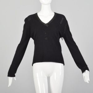 Medium 1990s Giorgio Sant'Angelo Black Cashmere Sweater Wool Beaded Fringe 