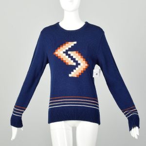 Medium 1970s Sweater Geometric Stripe Navy Long Sleeve