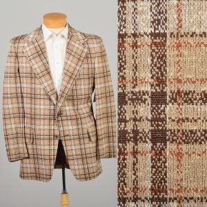 Large 1970s Neutral Brown Plaid Suit Coat Blazer Jacket Sport Coat