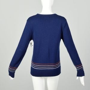 Medium 1970s Sweater Geometric Stripe Navy Long Sleeve - Fashionconservatory.com