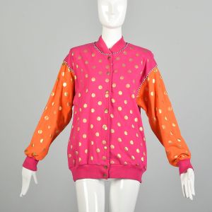 XL/XXL | 1990s Pink & Orange Neiman Marcus Snap Front Jacket w/Gold Polka Dots