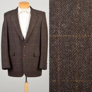 XL 1980s Brown Plaid Halston Suit Coat Sports Coat Blazer Jacket 