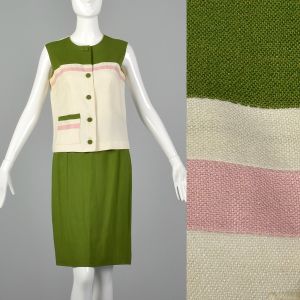 Small 1960s Two Piece Outfit Linen Dress Color Block Ensemble 