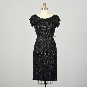 Medium 1950s Black Sequin Evening Dress LBD Cocktail Party Little Black Sheath Dress