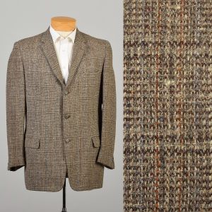 Large 1950s Three Button Brown Tweed Jacket Wool Blazer Plaid