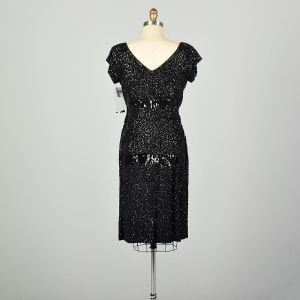 Medium 1950s Black Sequin Evening Dress LBD Cocktail Party Little Black Sheath Dress - Fashionconservatory.com