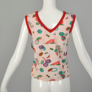 Small 1970s Hawaiian Theme Tank Top Sleeveless Ribbed Knit Novelty Print V Neck - Fashionconservatory.com