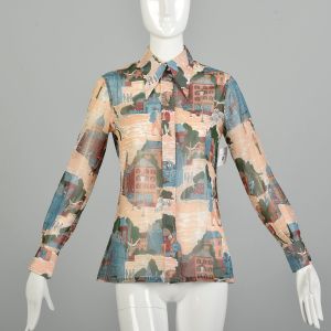 S | Novelty Print Sheer 1970s Disco Wing Collar Shirt by Loubella Extendables