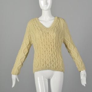 Small 1950s Cream Sweater Wool Cable Knit Fisherman Chunky Loose Weave