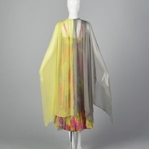 XS 1960s Pink Color Block Floral Print Silk Dress Green Cape Sleeveless  - Fashionconservatory.com