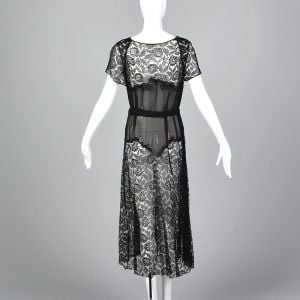Small 1930s Sheer Dress Floral Black Lace Art Deco Rhinestone Belt Short Sleeve  - Fashionconservatory.com