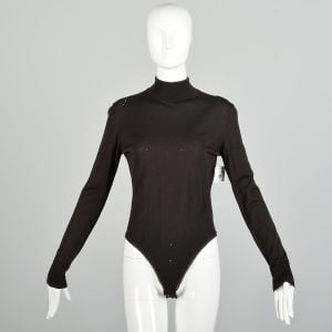 Medium 1990s Brown Wool Grunge Turtleneck Bodysuit with Holes