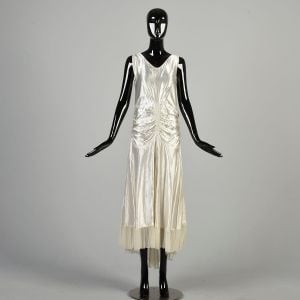 Large 1930s Pearl White Dress Sleeveless Ruched Gathered Drop Waist Full Skirt Glamorous Hi-Low Hem 