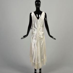 Large 1930s Pearl White Dress Sleeveless Ruched Gathered Drop Waist Full Skirt Glamorous Hi-Low Hem  - Fashionconservatory.com