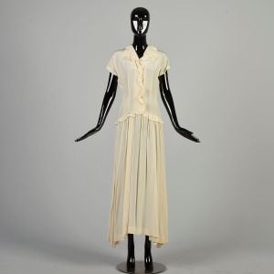Small 1930s Ivory Cream Silk Dress Drop Waist Ruffle Collar Off-White Short Sleeve Evening Maxi 