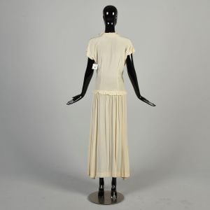 Small 1930s Ivory Cream Silk Dress Drop Waist Ruffle Collar Off-White Short Sleeve Evening Maxi  - Fashionconservatory.com