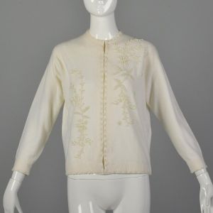 Large 1950s Cardigan Sweater Ivory Pearl Beading Pin Up Bridal Honeymoon