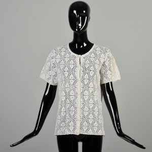 L 1970s White Cardigan Open Crochet Cotton Short Sleeve Button Front Casual Lightweight Lace Top 