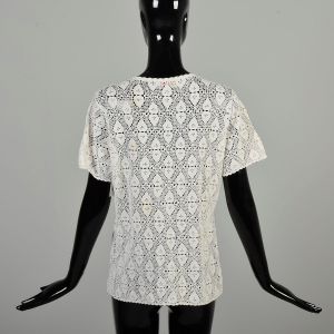 L 1970s White Cardigan Open Crochet Cotton Short Sleeve Button Front Casual Lightweight Lace Top  - Fashionconservatory.com