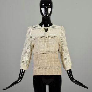 XS 1970s Ombre Sweater Cream Tan Semi Sheer Open Knit Tie Collar Bracelet Sleeve Casual Pullover 