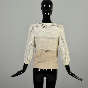 XS 1970s Ombre Sweater Cream Tan Semi Sheer Open Knit Tie Collar Bracelet Sleeve Casual Pullover  - Fashionconservatory.com