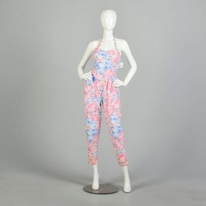 XS/S | Summery Pink Blue Floral 1980s Tapered Leg Jumpsuit by Deb w/Removable Halter Straps