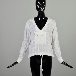 S-M 1970s White Cotton Hoodie Lightweight Sheer Gauze Woven Plaid Texture Pullover Jacket