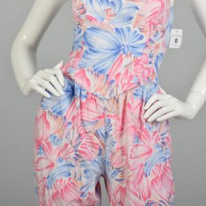 XS/S | Summery Pink Blue Floral 1980s Tapered Leg Jumpsuit by Deb w/Removable Halter Straps - Fashionconservatory.com