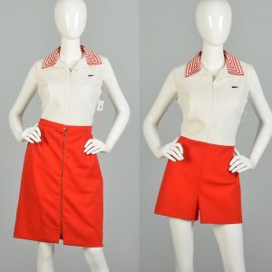 L | 1970s David Crystal Red & White Romper and Skirt Sportswear Set 