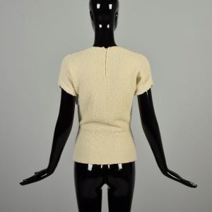XS 1940s Cream Sweater Textured Knit Ivory Short Sleeve Rose Floral Metallic Novelty Patch Pocket  - Fashionconservatory.com