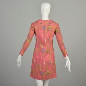 Small 1970s Hot Pink Dress Psychedelic Paisley Tweed Peter Pan Collar Long Sleeve Mini Dress  - Fashionconservatory.com