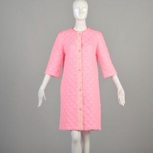 Large 1960s Bubble Gum Pink Housecoat Quilted Lace Buttoned Midi
