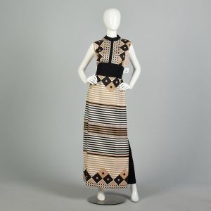 L | Sleeveless Brown & Black Stripe Geometric Maxi Dress Split Skirt/Pants  Hostess Jumpsuit 