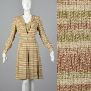 Medium Green Rust Striped Dress 1980s Long Sleeve Collared Shirtdress