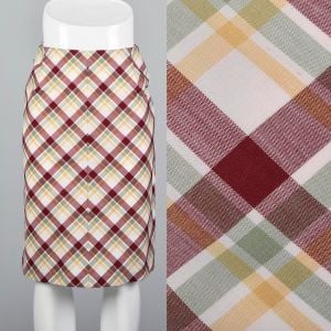 XS White Pencil Skirt 1960s Burgundy Red Green and Yellow Plaid Print Knee-Length Lightweight