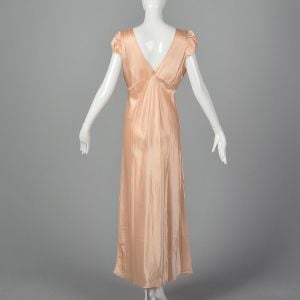 Medium 1940s Pink Nightgown Lace Trim Lingerie Silky Blue Ribbon Puff Sleeves Square Neckline  - Fashionconservatory.com